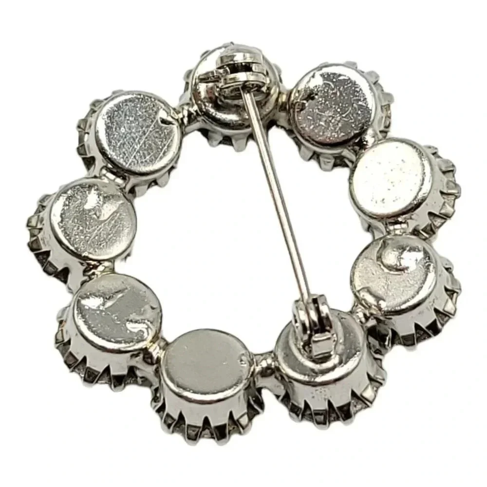 Large Silver Toned Clear Rhinestone Wreath Circle Brooch Vintage 1.5